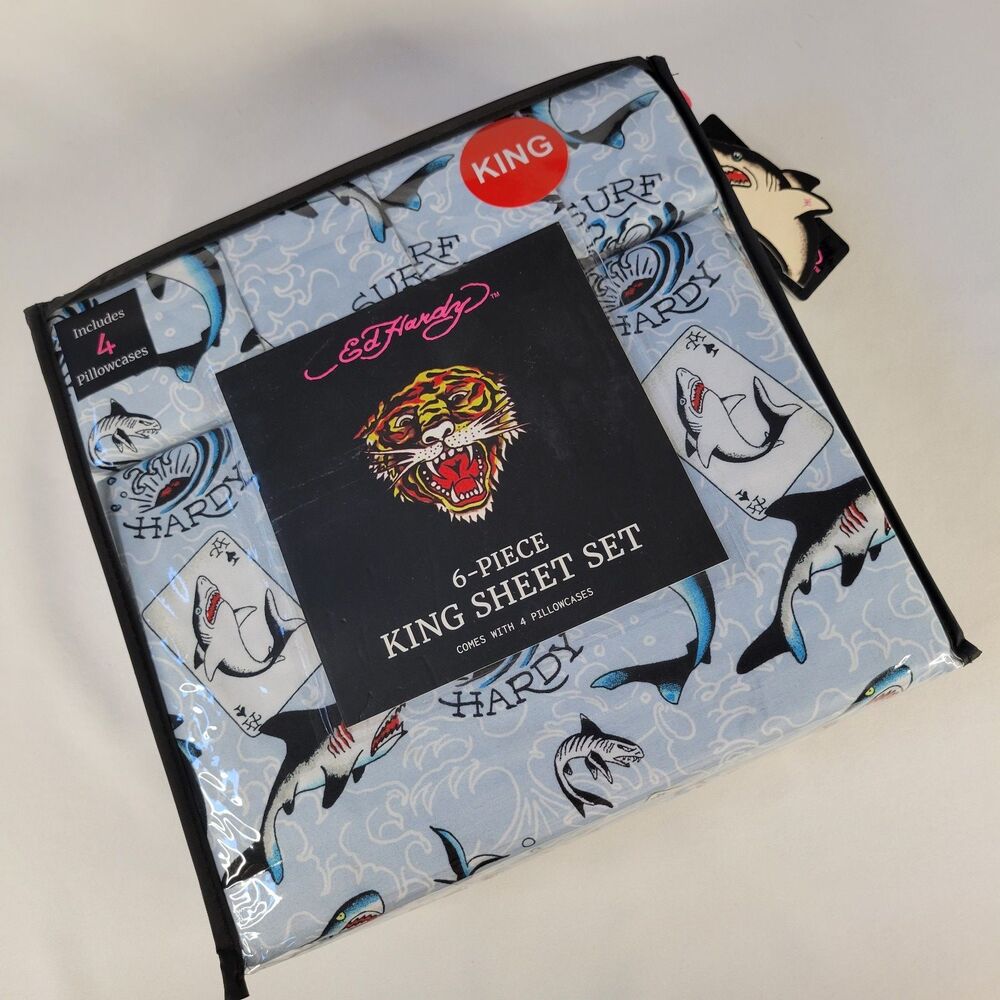 Ed Hardy KING Sheet Set 6pc Blue Swimming Card Sharks White Aces Surf Tattoo H2O